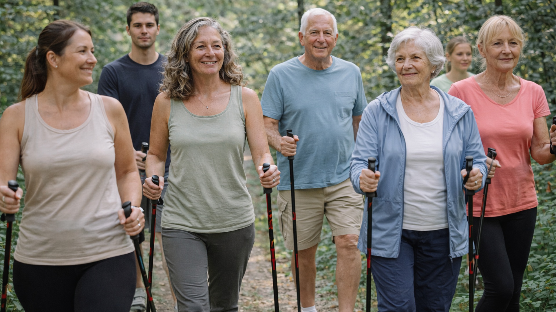 Marche nordique en forêt, groupe intergénérationnel